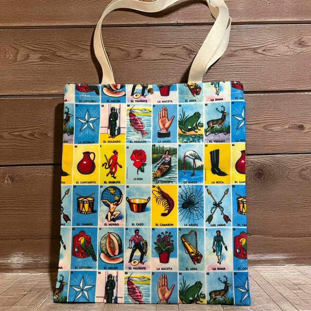 Colorful Print Tote Bag Mexican Bingo Game Canvas Shoulder Shopper 15x13